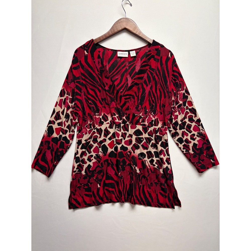 Chico's Travelers Red Black Animal Print VNeck Tunic Top Sz 2 Large Liquid Knit